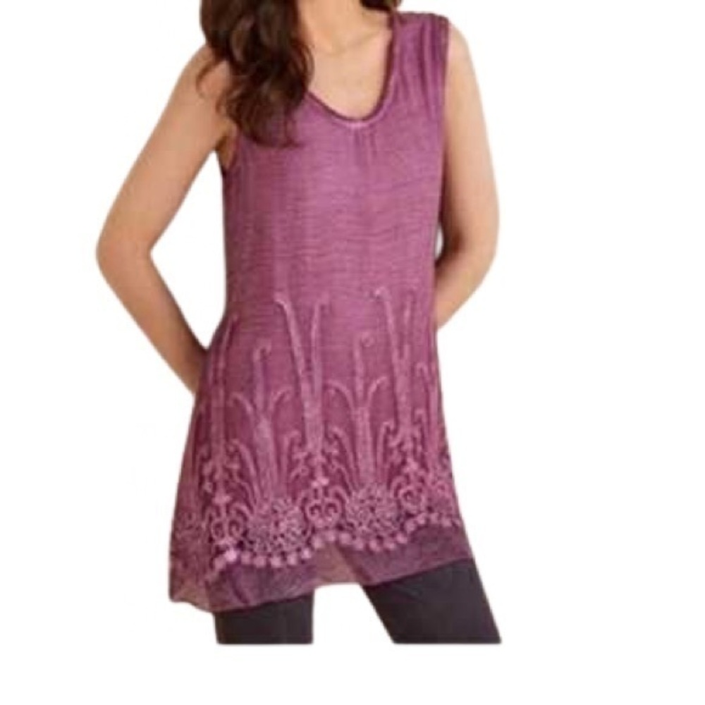 Soft Surroundings Silk Tunic Top Small Purple Sequin Embroidered Hem